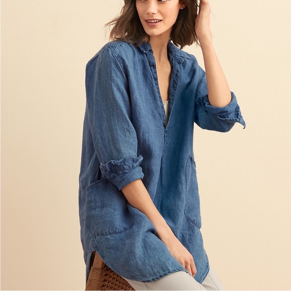 Free People X CP Shades Teton 100% Linen Blue Button Up Tunic Size Small